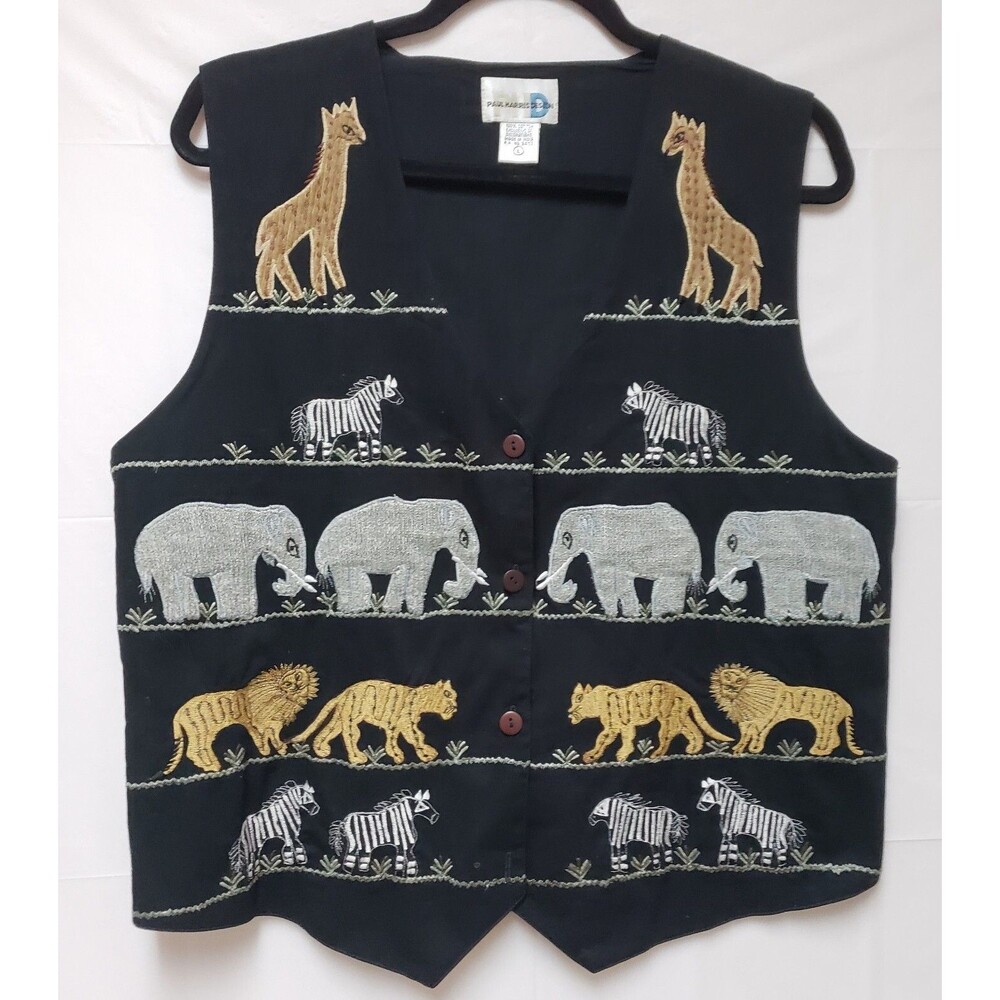 VTG Paul Harris Whimsical Cotton Black Hobo Hippie Vest 3D  Animal Prints L NWOT